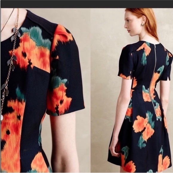 Anthropologie McGinn Poppy palette dress floral flowers cap sleeves structured 2 - Picture 10 of 12